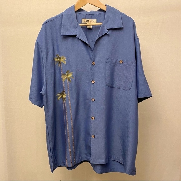 Joe Marlin XL Aloha Mens Hawaiian Shirt Blue Embroidered Palm Trees Coconut - Picture 8 of 9